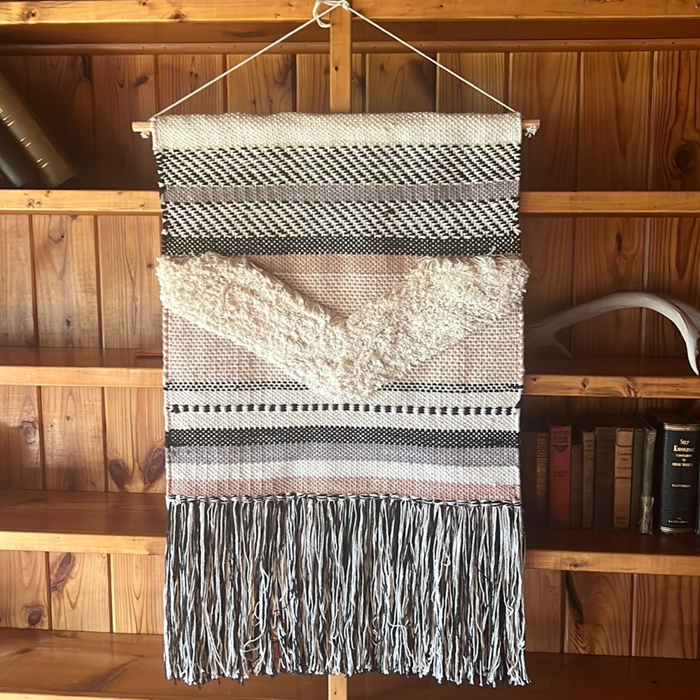 Hanging woven tapestry with fringe